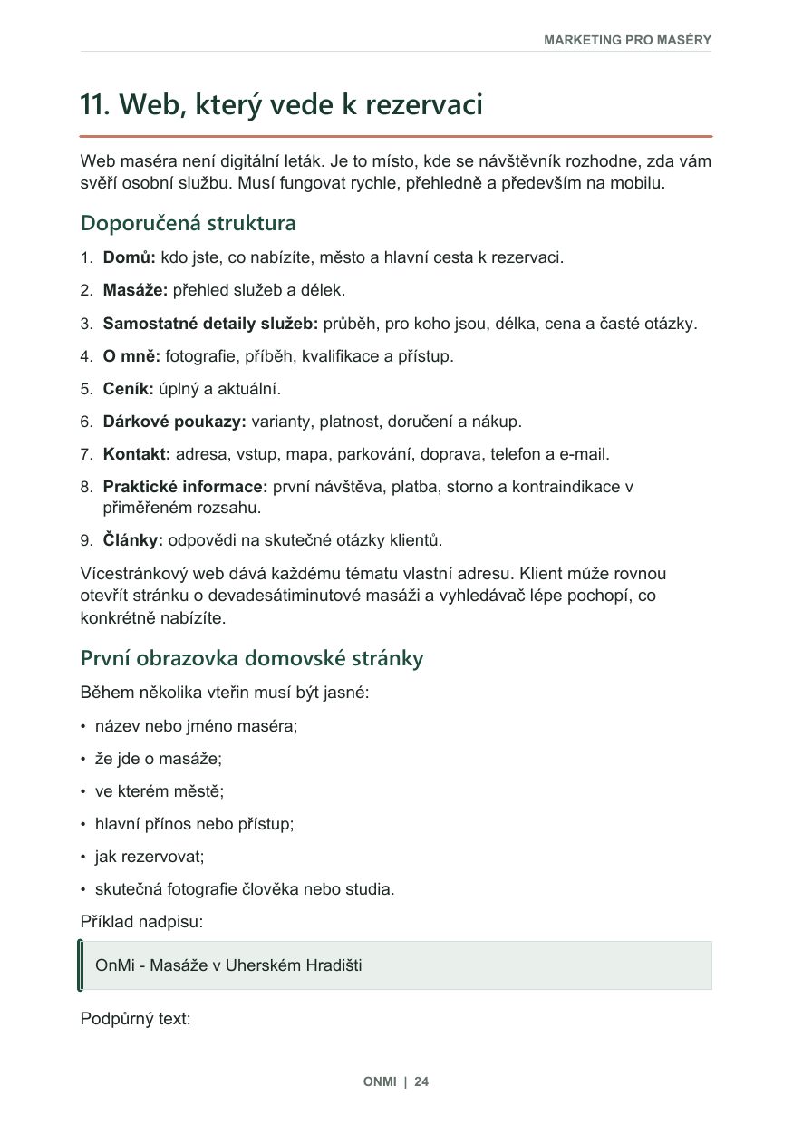 Ukázková strana e-booku Marketing pro maséry o webu