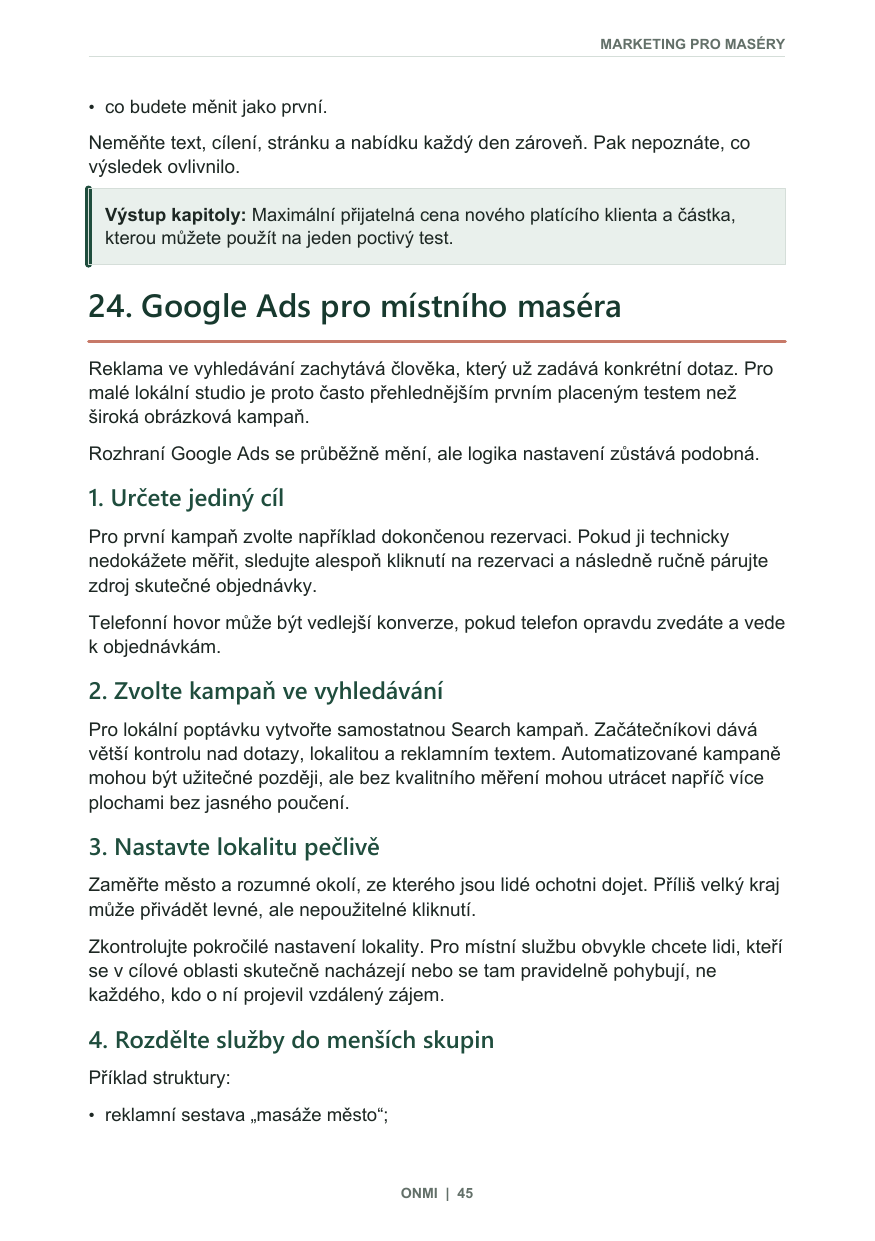 Ukázková strana e-booku Marketing pro maséry o Google Ads